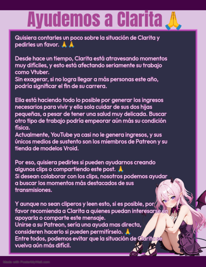 #VtuberES #vtuberclips 
Juntos podremos ayudar a Clarita Por favor léanlo con cuidado, es muy importante. 🙏

Esto podría ser lo que decida el futuro de Clarita.  
Sigan su cuenta para estar al tanto de sus actividades.
➡ <a href="/KillalaClara/">雲母くららClarita😈💞VTuber</a>  ⬅