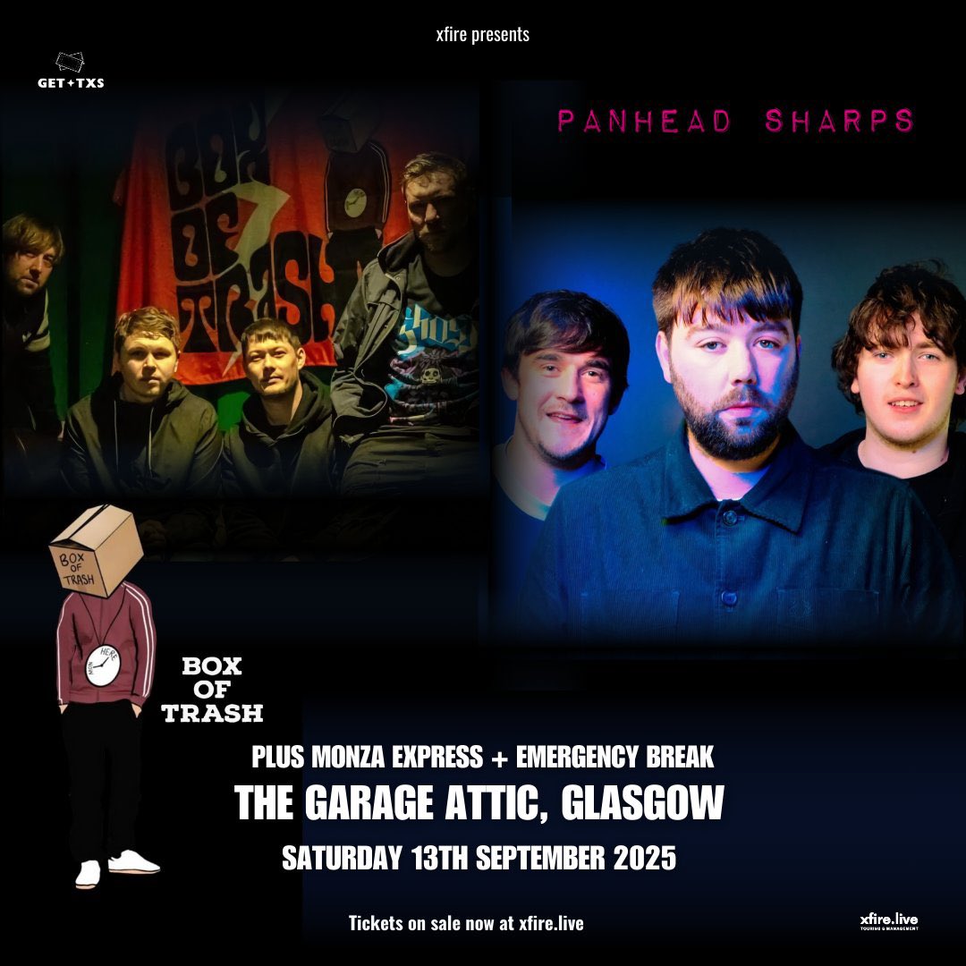 Box Of Trash (@boxoftrashmusic) on Twitter photo G L A S G O W
Our next gig is with the legends that are <a href="/PanheadSharps/">Panhead Sharps</a> <a href="/MonzaExpress/">Monza Express</a> and <a href="/EmergencyBreak_/">EMERGENCY BREAK</a> at the Garage Attic in #glasgow Saturday 13th September presented by <a href="/xfirepresents/">xfire.live</a>
Tickets available here:
get-txs.com/event/box-of-t… G L A S G O W
Our next gig is with the legends that are <a href="/PanheadSharps/">Panhead Sharps</a> <a href="/MonzaExpress/">Monza Express</a> and <a href="/EmergencyBreak_/">EMERGENCY BREAK</a> at the Garage Attic in #glasgow Saturday 13th September presented by <a href="/xfirepresents/">xfire.live</a>
Tickets available here:
get-txs.com/event/box-of-t…