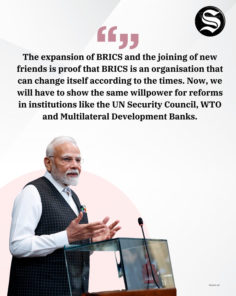 TheStatesmanLtd's tweet image. BRICS Expansion Reflects Its Ability to Evolve with Time: PM Modi at 17th Summit

#PMModiatBRICS #BRICSSummit #TheStatesman #BRICSNations