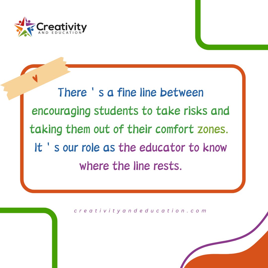 CreativityandE's tweet image. “There’s a fine line between encouraging students to take risks and pushing them out of their comfort zones.”🎯 It’s our job as educators to know where that line is. Explore this idea in Weaving Creativity into Every Strand of Your Curriculum
#CreativeTeaching #FuelingCreativity
