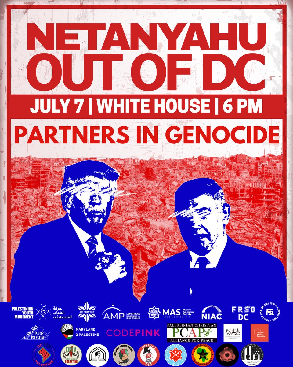 🚨TOMORROW: Netanyahu out of DC! Arms embargo now! 

Israeli Prime Minister and architect of the genocide in Gaza, Benjamin Netanyahu, will be meeting with Trump at the White House tomorrow. This is the third time since Trump’s inauguration that they have met to conspire in