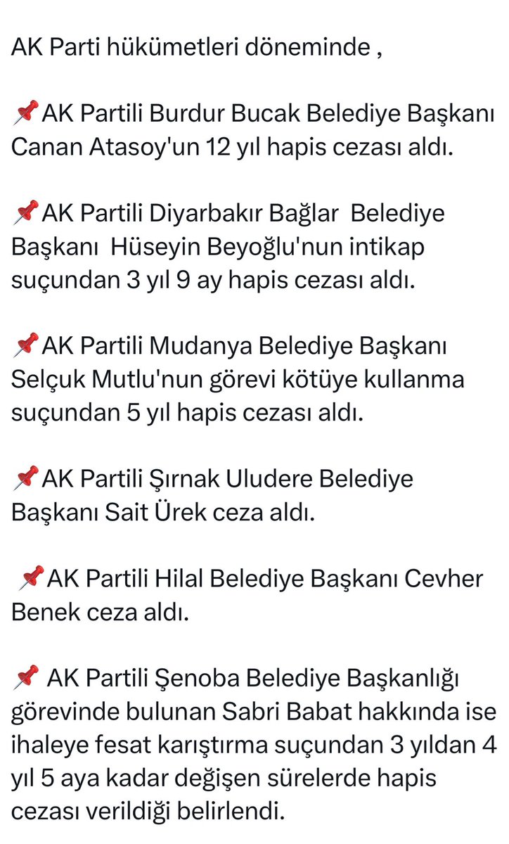 İçişleri Bakanlığı bugüne kadar en çok Cumhur İttifakı Belediye Başkanları için soruşturma izni vermiş (80) .
Mansur Yavaş için onlarca dosyada <a href="/ankaracbs/">Ankara Cumhuriyet Başsavcılığı</a> ın soruşturma izni talebinin reddedildiğini ve bir kez bile verilmediğini not düşüp o listeyi şuraya bırakayım.
Boynu kalın