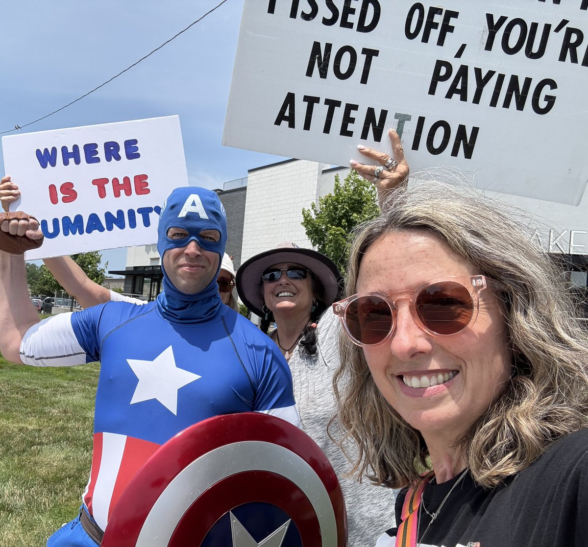 BethDavidson17's tweet image. Great crowd in Nanuet yesterday protesting Mike Lawler’s vote to kick children, veterans, and seniors off their healthcare, defund @PPFA and take food off the tables of our most vulnerable. And what’s a July 4 protest without Captain America?!