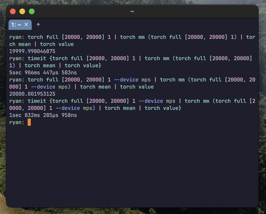 i'm making a tool called nutorch, which is a nushell wrapper for libtorch, the same c++ library that backs pytorch

here i am running a 20,000x20,000 matmul from my command line on both cpu and gpu ("--device mps"), demonstrating gpu is ~5x faster in this case