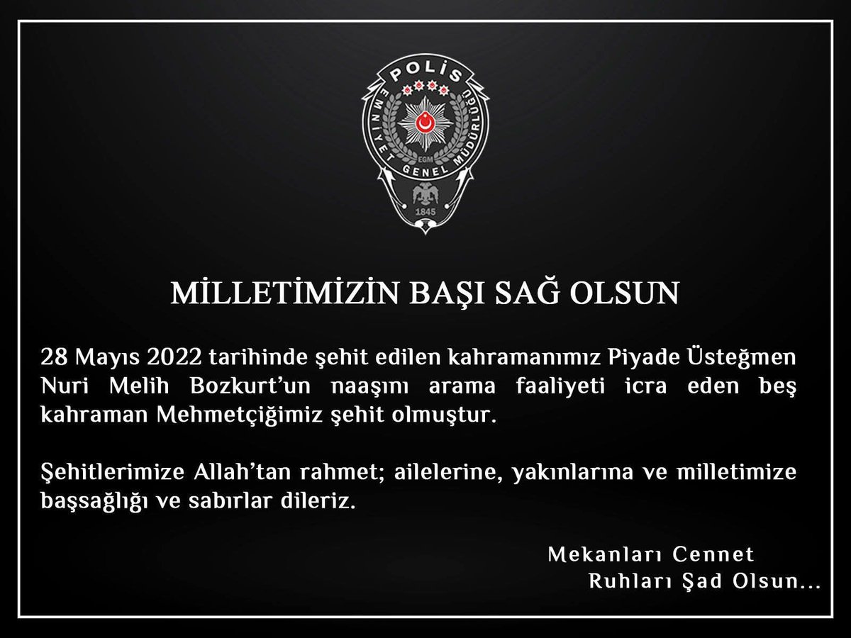 Pençe-Kilit Harekâtı bölgesinde metan gazı zehirlenmesi nedeniyle şehit düşen 5 Mehmetçiğimize Allah’tan rahmet, ailelerine ve milletimize sabır diliyorum.
Aziz milletimizin başı sağ olsun