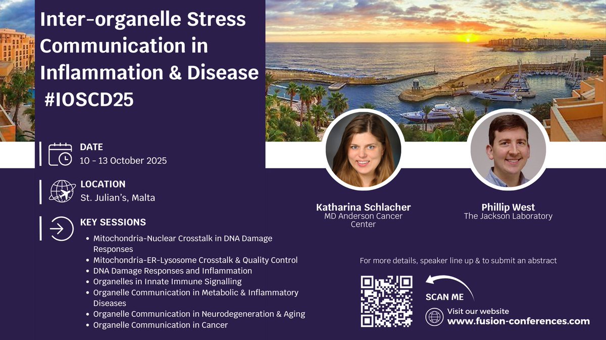 Fusion Conferences (@fusion_conf) on Twitter photo Chairs Katharina Schlacher (MDACC) & <a href="/WestLabMito/">A. Phillip West</a> have pulled together leading researchers across various fields, to develop a wholistic understanding of organelle crosstalk and it's impacts on cancer, metabolic & neurologic diseases, as well as aging.
🎙️Talk submission closes Chairs Katharina Schlacher (MDACC) & <a href="/WestLabMito/">A. Phillip West</a> have pulled together leading researchers across various fields, to develop a wholistic understanding of organelle crosstalk and it's impacts on cancer, metabolic & neurologic diseases, as well as aging.
🎙️Talk submission closes