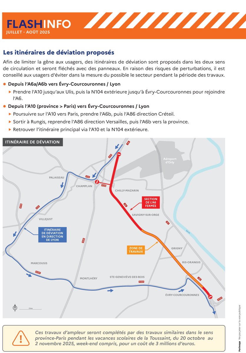 🚧 Fermeture de l'A6 et de l'A126 dans le sens Paris-Province

👷‍♂️ La direction des routes d'Île-de-France (DiRIF), réalise des travaux de réhabilitation des chaussées entre Wissous et Lisses

📆 Du 15 juillet (11h) au 1er août (13h) - Hors week-end

➡️ Déviation via A10 et N104