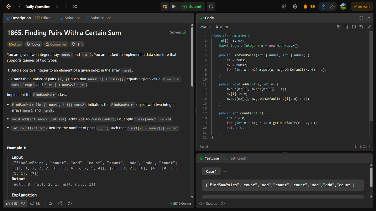 Day 78 of #LeetCode Programming 💻
Solved: Finding Pairs With a Certain Sum 🔍➕
Focusing on optimizing lookups and using HashMaps efficiently!
Bit by bit, getting closer to mastery. 💪✨
Thanks to inspirations like <a href="/LeetCode/">LeetCode</a>, 
#100DaysOfCode #CodingJourney #ProblemSolving #Java