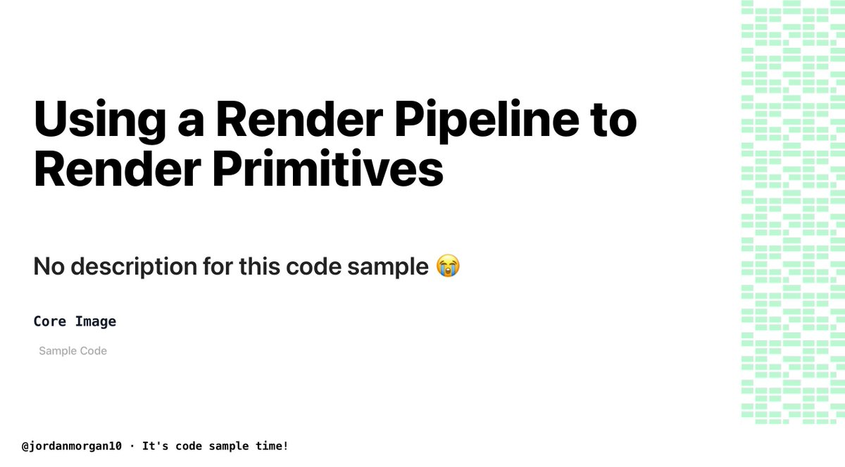 📱Today's code sample is from Core Image📱

Using a Render Pipeline to Render Primitives:
No description for this code sample 😭

👉developer.apple.com/documentation/…
