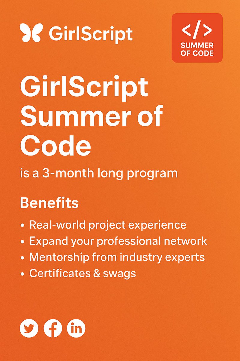 kri_sh_na_27's tweet image. 🚀 Excited to promote GirlScript Summer of Code 2025 – a 3-month open source journey for all tech enthusiasts! 💻✨
Join, learn, contribute & grow with an inclusive community 🌍
#GSSoC #GSSoC2025 #GirlScriptSummerOfCode #GirlScript #GirlScriptFoundation #OpenSource