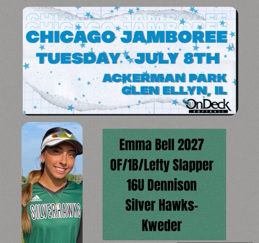 Emma Bell (@emmabell2027) on Twitter photo So excited to be participating in the <a href="/ondecksoftball/">OnDeck Softball 🥎</a> Chicago Jamboree this Tuesday!!! <a href="/CoachSelena20/">Selena</a> <a href="/SStormsoftball/">SEHS StormSoftball</a> <a href="/CoastRecruits/">Coast 2 Coast Recruits</a> <a href="/SBRRetweets/">Softball Recruiting Reposts</a> <a href="/SoftballDown/">Down South Softball</a> So excited to be participating in the <a href="/ondecksoftball/">OnDeck Softball 🥎</a> Chicago Jamboree this Tuesday!!! <a href="/CoachSelena20/">Selena</a> <a href="/SStormsoftball/">SEHS StormSoftball</a> <a href="/CoastRecruits/">Coast 2 Coast Recruits</a> <a href="/SBRRetweets/">Softball Recruiting Reposts</a> <a href="/SoftballDown/">Down South Softball</a>