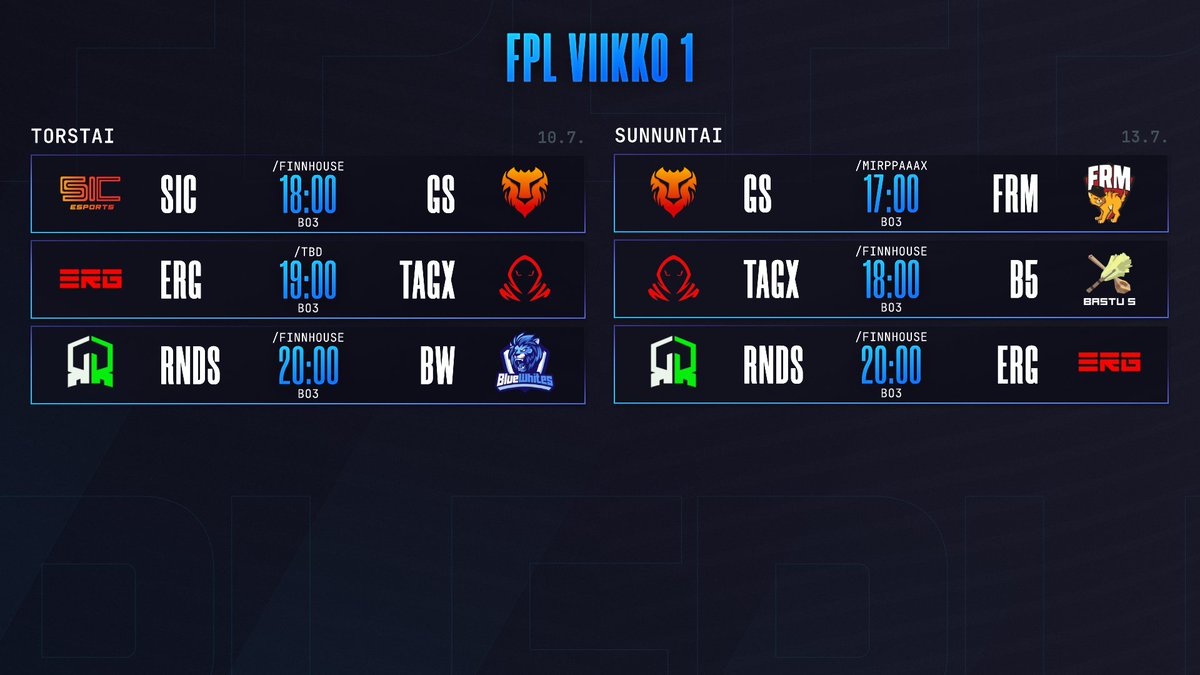 🏆 FPL Viikko 1 – lähestyy ja pistejahti alkaa!

Viikon ottelut näät alta! 
Tarkemmat aikataulut ja info Discordissa.

#TÄYSILLÄ