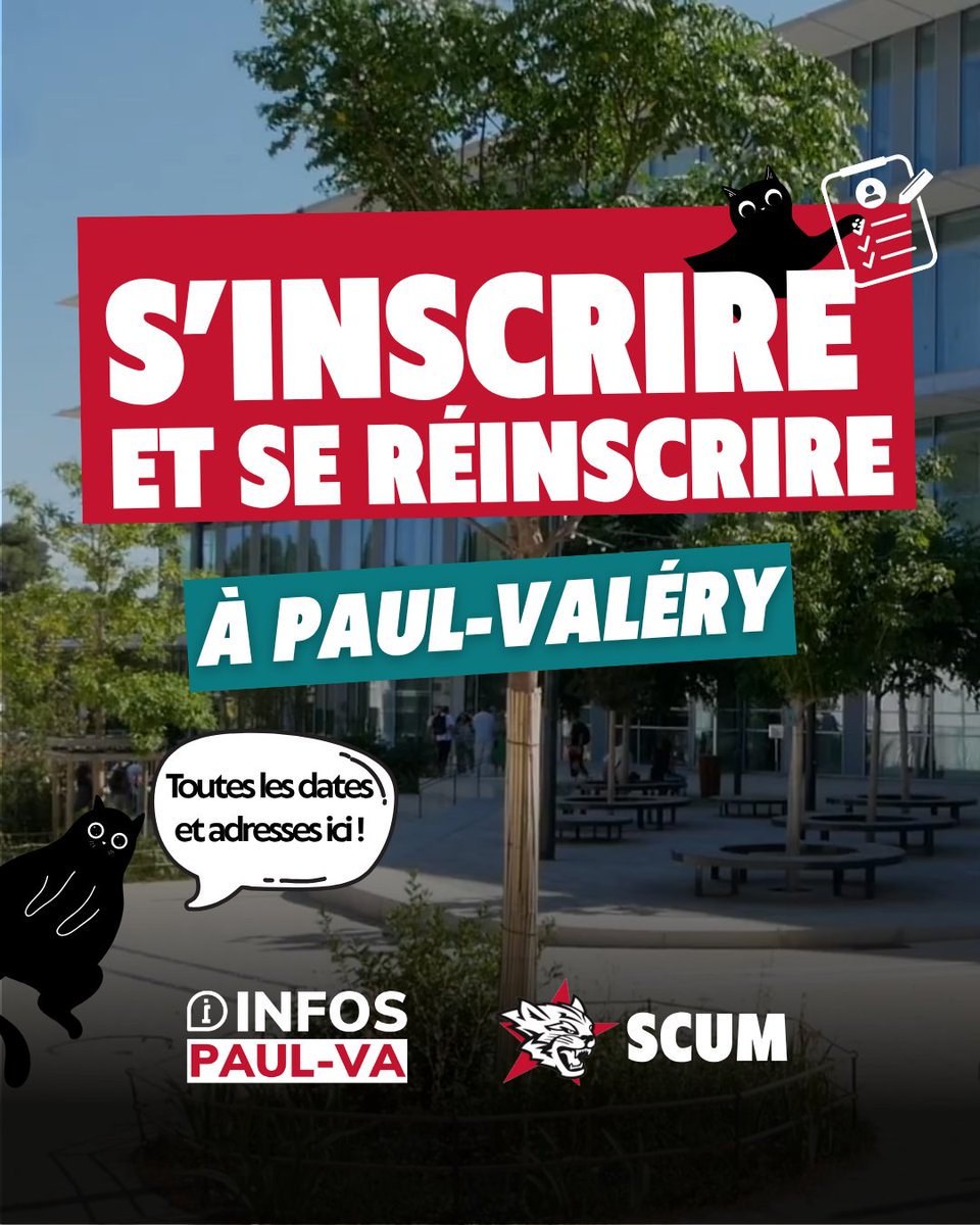 SCUM - Montpellier (@scum34) on Twitter photo S'inscrire et se réinscrire à l'Université de Montpellier Paul-Valéry
📆 Les inscriptions ouvrent cette semaine, le SCUM t'explique tout !
📩 Si tu as des questions : syndicat.scum@live.fr
▶️ Infos complètes à retrouver ici : combatuniversitaire.wordpress.com/2025/07/06/sin… S'inscrire et se réinscrire à l'Université de Montpellier Paul-Valéry
📆 Les inscriptions ouvrent cette semaine, le SCUM t'explique tout !
📩 Si tu as des questions : syndicat.scum@live.fr
▶️ Infos complètes à retrouver ici : combatuniversitaire.wordpress.com/2025/07/06/sin…