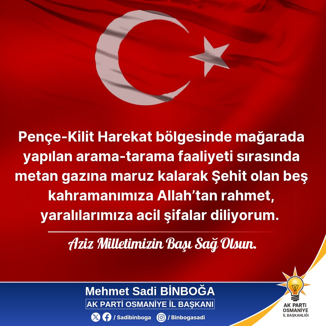 Milletimizin başı sağ olsun. 🇹🇷

Pençe-Kilit Harekât bölgesinde bulunan bir mağarada yapılan arama tarama faaliyeti sırasında metan gazına maruz kalarak hayatını kaybeden Aziz Şehitlerimize Yüce Mevla’mdan rahmet, değerli ailelerine ve  milletimize başsağlığı ve sabır diliyorum.