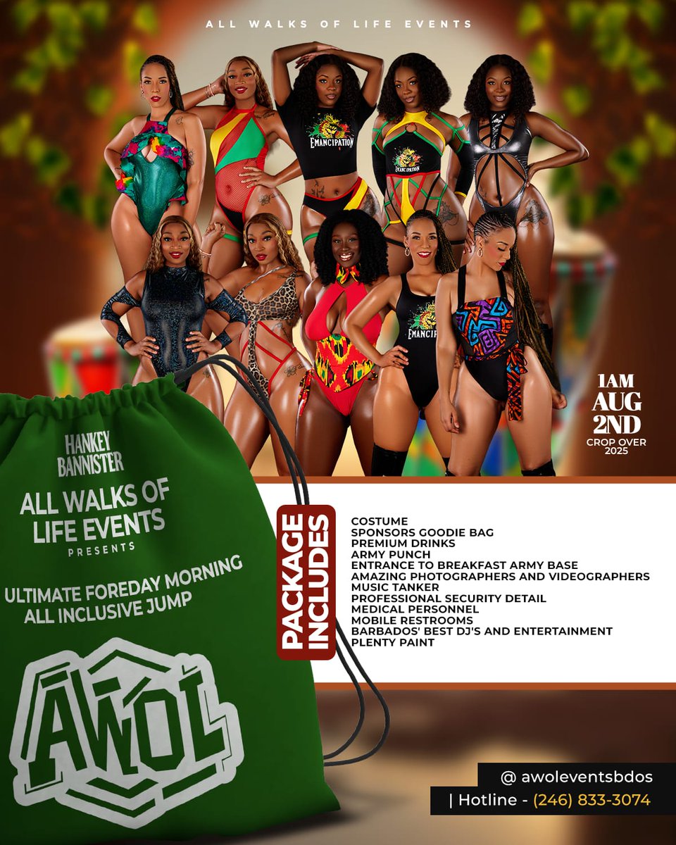 CropOverHUB's tweet image. 🎉 Join @AWOLEventsBdos for an unforgettable Foreday Morning Emancipation Jump!
🖥️ Register online: awol.masos.app
#ComeFuhCropOver #CropOver2025