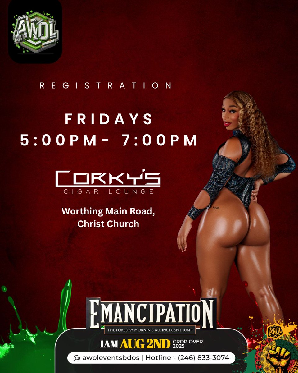 CropOverHUB's tweet image. 🎉 Join @AWOLEventsBdos for an unforgettable Foreday Morning Emancipation Jump!
🖥️ Register online: awol.masos.app
#ComeFuhCropOver #CropOver2025