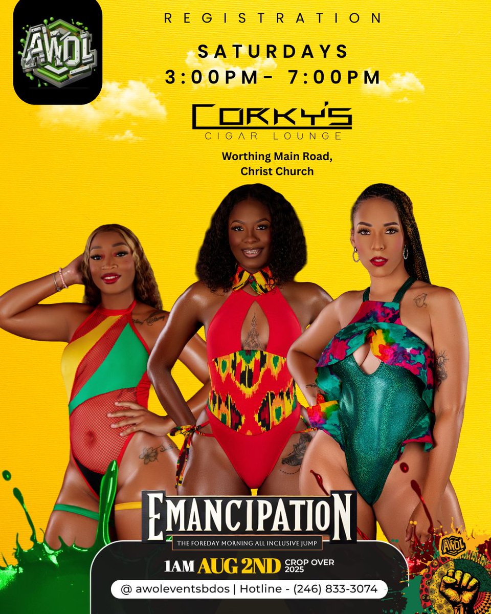 CropOverHUB's tweet image. 🎉 Join @AWOLEventsBdos for an unforgettable Foreday Morning Emancipation Jump!
🖥️ Register online: awol.masos.app
#ComeFuhCropOver #CropOver2025