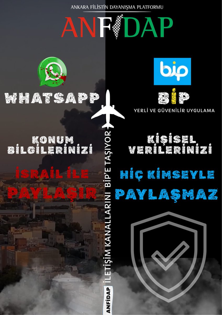 📌"WhatsApp", Gazze soykırımının aktif destekçisi oldu.  Gazzelilerin verilerini soykırımcı İsrail ordusuyla paylaşarak toplu bir şekilde insanların katledilmesini sağladı.

Daha fazla geç olmadan güvenliğinizi sağlayın.

ANFİDAP, iletişim kanallarını BİP'e taşıyor.

#Gazze
#Gaza