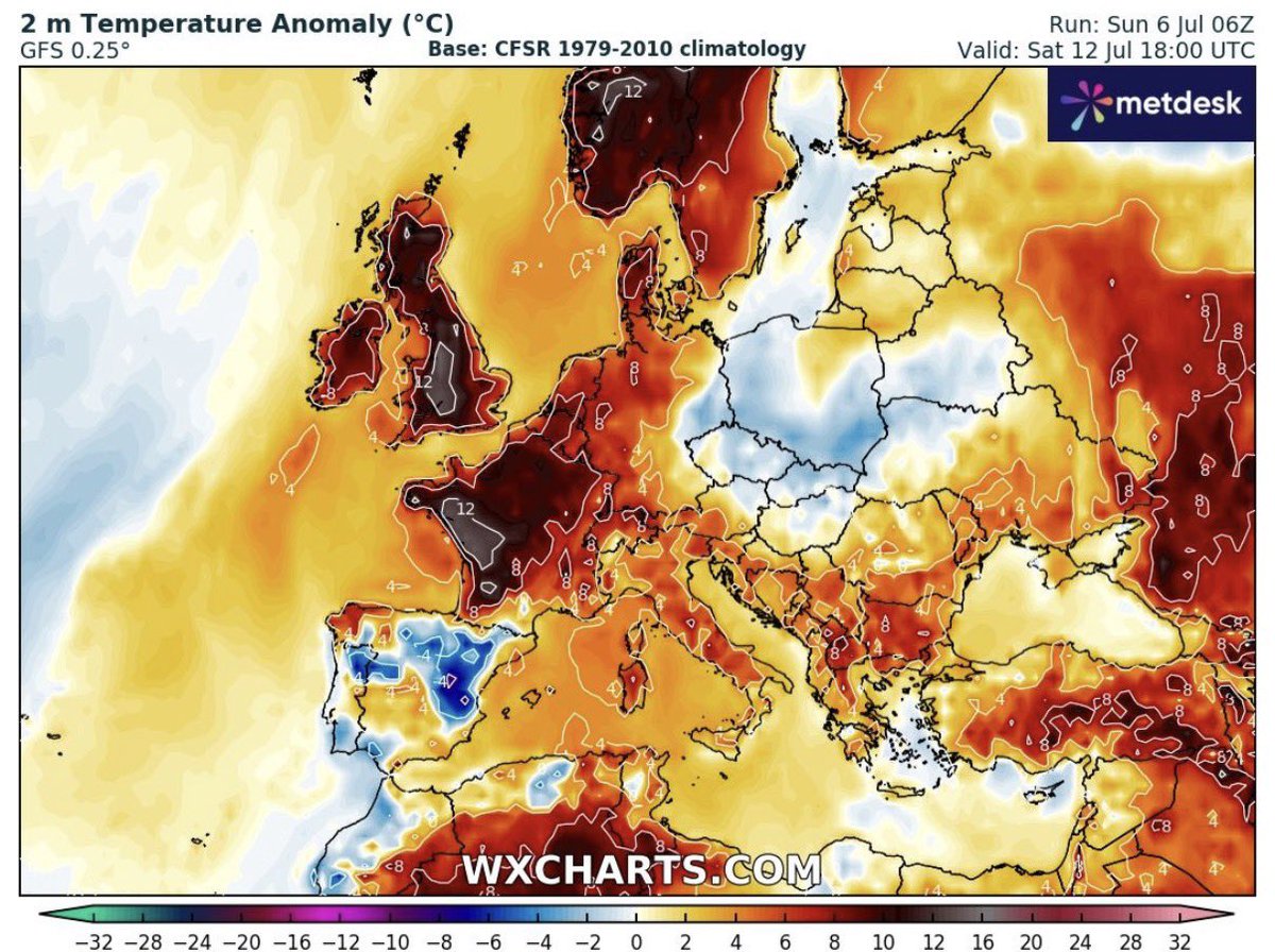 It seems likely that the hot weather will return from Thursday onwards with many areas across the UK likely to reach heatwave criteria. 🥵 

Uncertain how long / how hot it’ll get but a good few days &gt;30°C seems plausible.