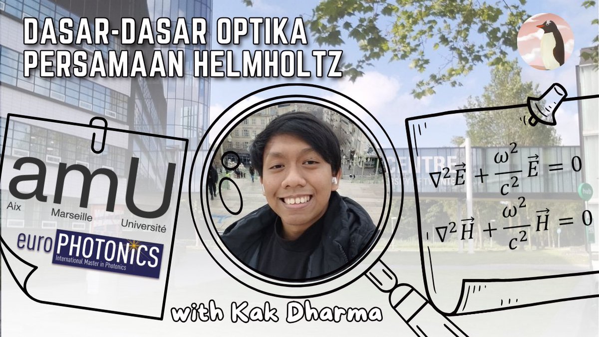 dhp_permana's tweet image. Episode 2 Dasar-dasar optika: Persamaan Helmholtz

Sekarang mulai bahas lebih detail kasus khusus gelombang elektromagnetik yang bervariasi secara harmonik terhadap waktu, dan dideskripsikan oleh persamaan Helmholtz.  

Videonya: youtu.be/ETSMyd3nGOo