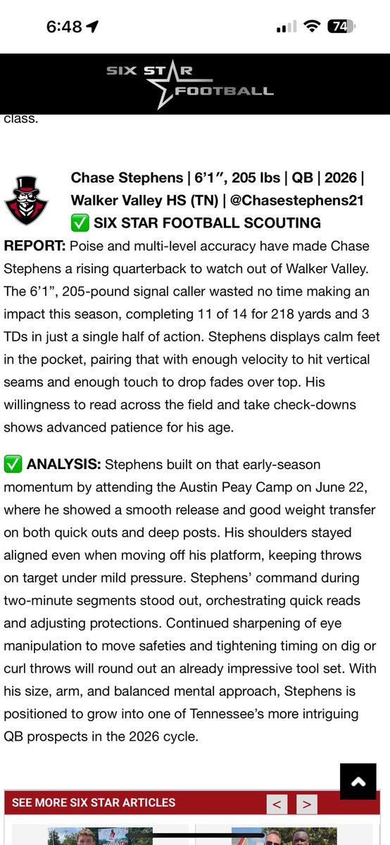 Chase Stephens (@chasestephens21) on Twitter photo Thank you for another write up <a href="/sixstarfootball/">Six Star Football | PLUS+</a> !
<a href="/Drew_Akins/">Drew Akins</a> <a href="/CoachTPope6/">Tyler Pope</a> <a href="/qbc_chattanooga/">QB Country Chattanooga</a> <a href="/CoachMeech7/">Dimitrius Patterson</a>
<a href="/CSmithScout/">Chris Smith</a> Thank you for another write up <a href="/sixstarfootball/">Six Star Football | PLUS+</a> !
<a href="/Drew_Akins/">Drew Akins</a> <a href="/CoachTPope6/">Tyler Pope</a> <a href="/qbc_chattanooga/">QB Country Chattanooga</a> <a href="/CoachMeech7/">Dimitrius Patterson</a>
<a href="/CSmithScout/">Chris Smith</a>