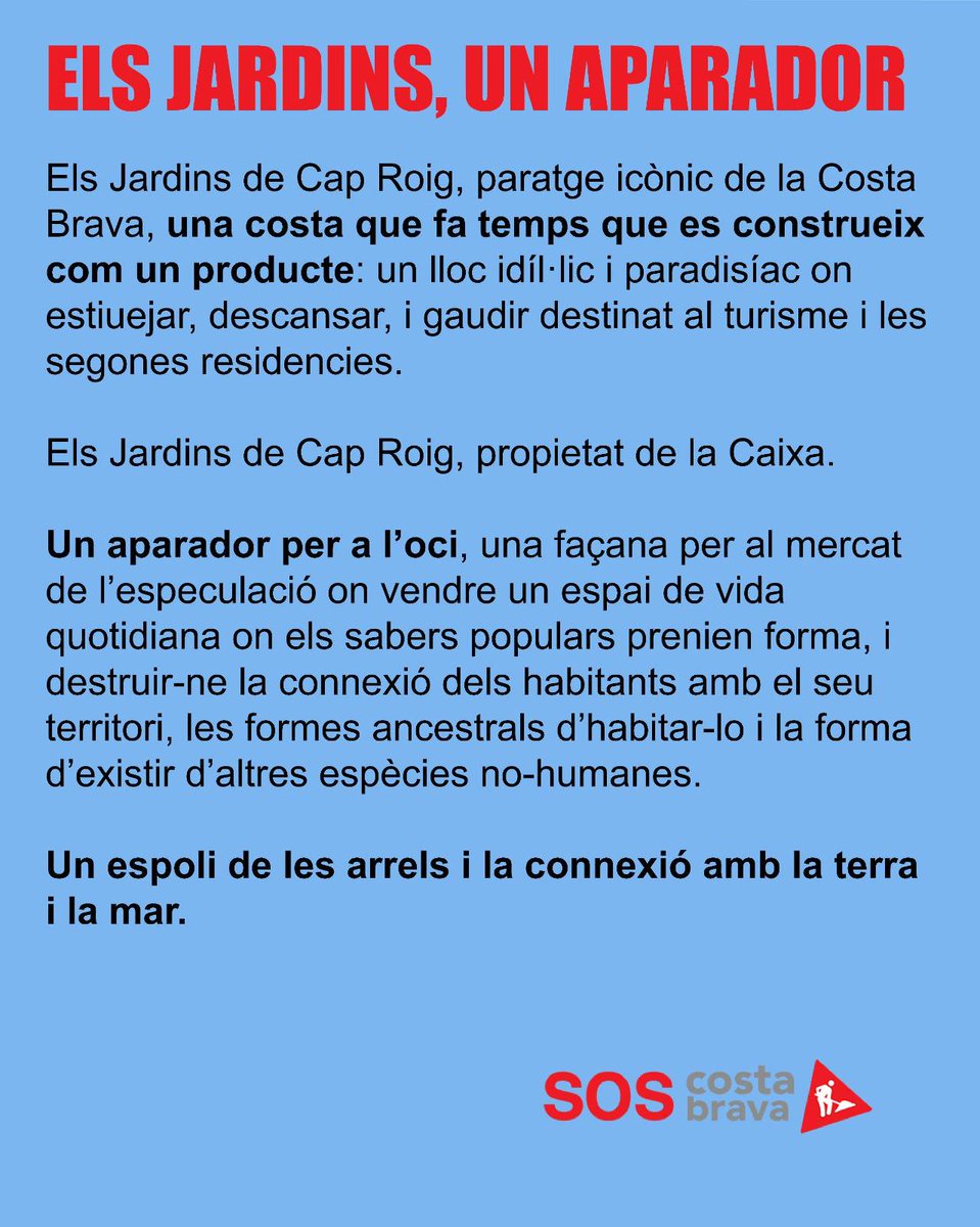 SosCostaBrava's tweet photo. 🌴 @CapRoigFestival és façana: verd per fora, especulació per dins.
🏦 @caixabank renta imatge, nosaltres plantem resistència.
⛔️ La Costa Brava no es ven.
📍 12 de juliol · 19 h
#Arrelar #SOSCostaBrava #NoEsVen https://t.co/L4r46FnVmz