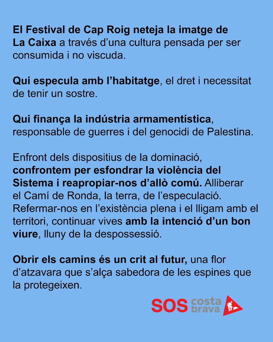 🌴 <a href="/CapRoigFestival/">Cap Roig Festival</a> és façana: verd per fora, especulació per dins.
🏦 <a href="/caixabank/">CaixaBank</a> renta imatge, nosaltres plantem resistència.
⛔️ La Costa Brava no es ven.
📍 12 de juliol · 19 h
#Arrelar #SOSCostaBrava #NoEsVen