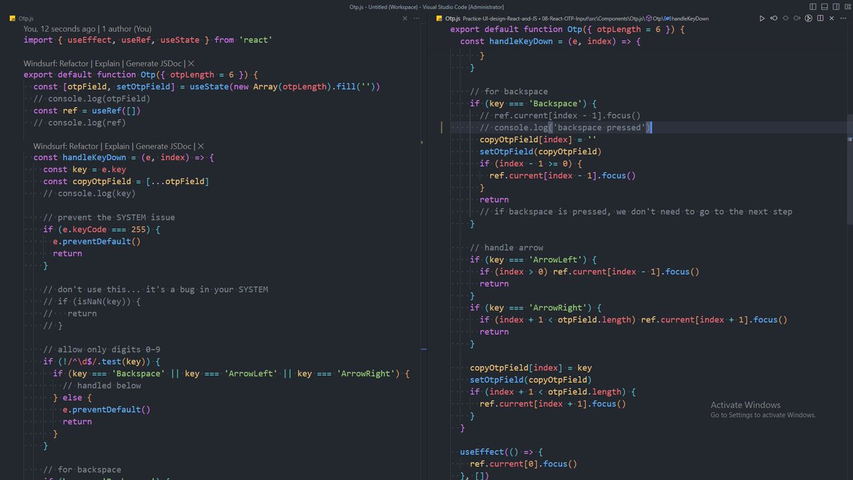 1amWaziR's tweet image. 🚀 Built a custom OTP Input Component in React
Input with full keyboard nav, backspace, focus control & clean UX.
Practising manipulating DOM, useRef, useState, useEffect, and interview preparation.
Try it here -> enteryourotp.netlify.app
#ReactJS #Frontend #MachineCoding