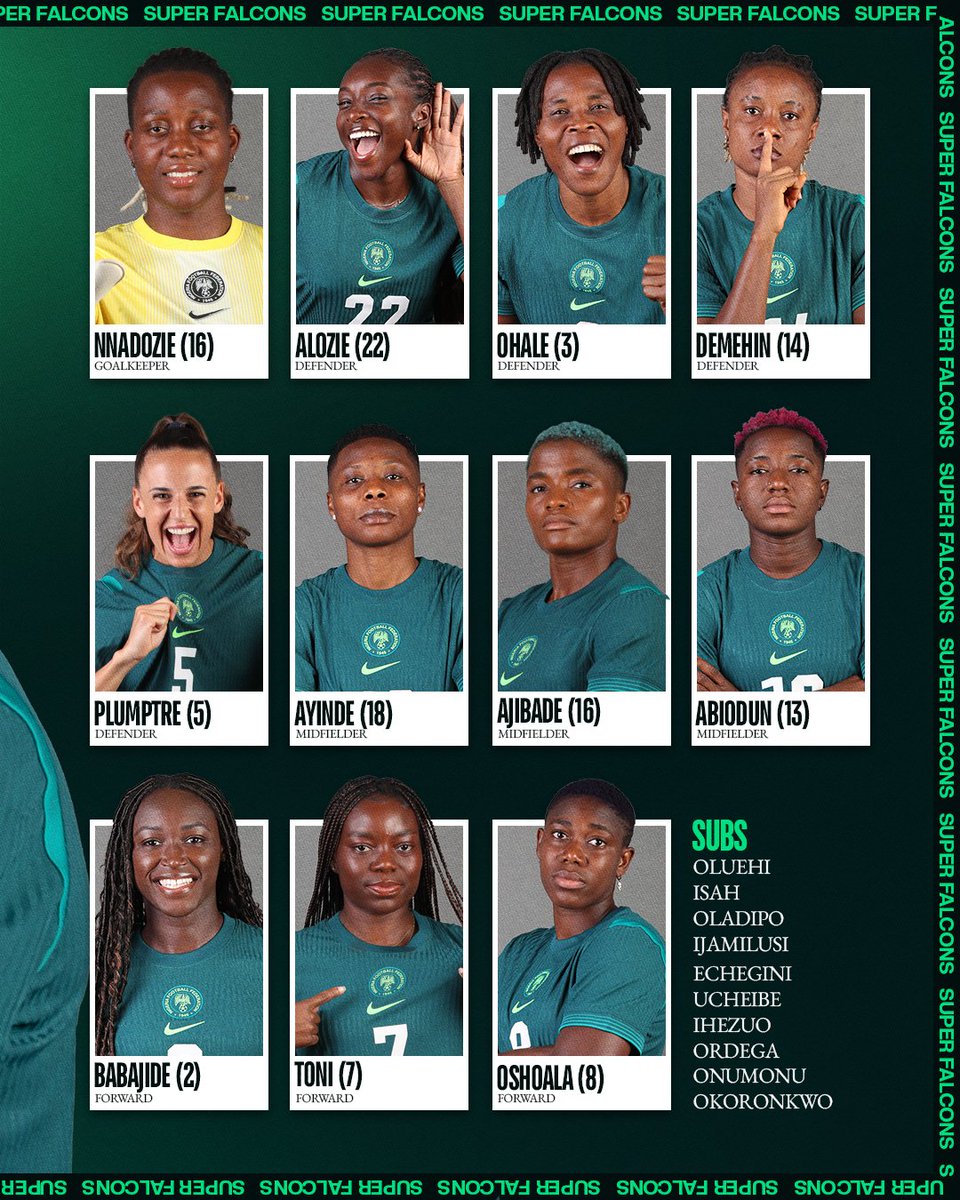 Making of Champions (@makingofchamps) on Twitter photo Here's how the Super Falcons are lining up this evening against Tunisia for their first match of the 2025 Women's African Cup of Nations tournament in Morocco. Here's how the Super Falcons are lining up this evening against Tunisia for their first match of the 2025 Women's African Cup of Nations tournament in Morocco.