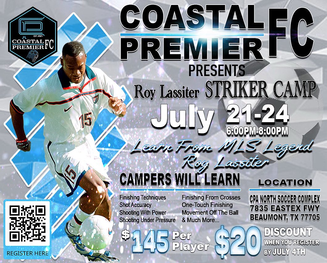 ‼️⚽️‼️LAST CHANCE TO SAVE‼️⚽️‼️

Our early bird discount for Roy Lassiter Striker Camp ends today(Sunday July 7). Secure your spot today and save. 

Former U.S. Men's National Team player and MLS goal-scoring champion, Roy Lassiter, will share valuable insights from his