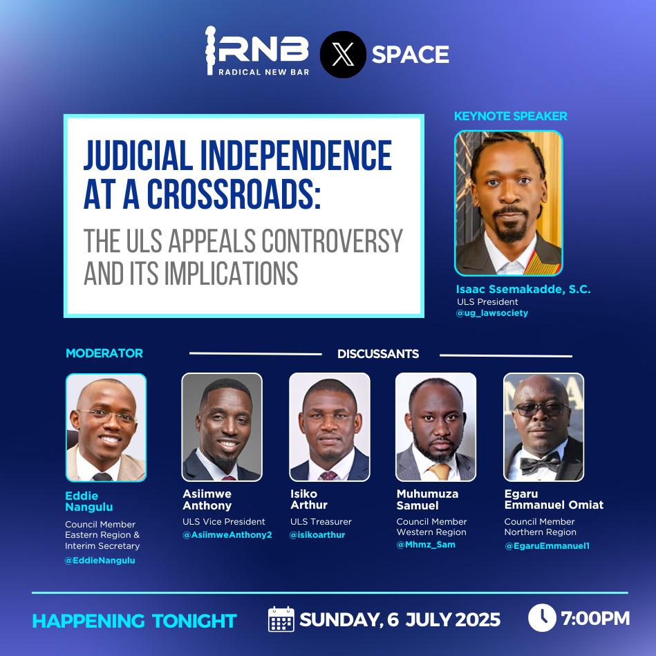 Sentumbwe M. Yasin (@munagomba) on Twitter photo Okubajjukiza omukulembeze <a href="/IsaacSsemakadde/">Isaac Ssemakadde</a> anatela okwigelako elli banamateeka <a href="/ug_lawsociety/">Uganda Law Society</a> SET THE REMINDER: Tonight at 7:00 PM, our #RadicalNewBar Governing Council is set to take you through 'The ULS-Judiciary Standoff.'
Link: x.com/i/spaces/1MnGn…
Share widely! Okubajjukiza omukulembeze <a href="/IsaacSsemakadde/">Isaac Ssemakadde</a> anatela okwigelako elli banamateeka <a href="/ug_lawsociety/">Uganda Law Society</a> SET THE REMINDER: Tonight at 7:00 PM, our #RadicalNewBar Governing Council is set to take you through 'The ULS-Judiciary Standoff.'
Link: x.com/i/spaces/1MnGn…
Share widely!
