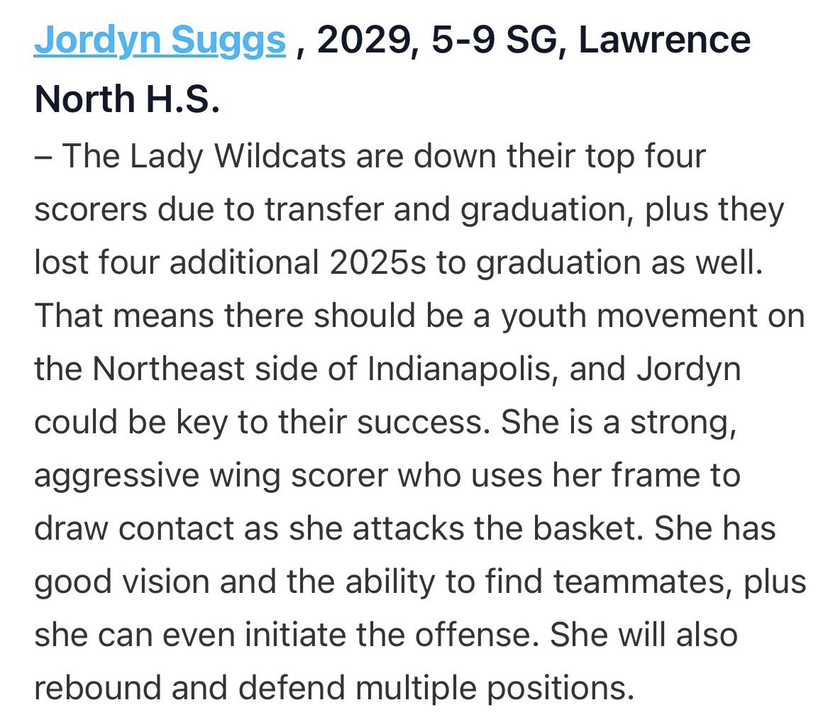 Jordyn Suggs (@jordynk_2029) on Twitter photo Thanks for the recognition <a href="/PGHIndiana/">Prep Girls Hoops Indiana</a>, I appreciate it! I look forward to doing my part in helping Lawrence North remain one of the best gbb programs In the state. <a href="/Legends_Bball/">Legends U Basketball</a> <a href="/BryceMcKey/">Bryce McKey</a> <a href="/LNGB_Coach/">Coach Stephen Thomas</a> Thanks for the recognition <a href="/PGHIndiana/">Prep Girls Hoops Indiana</a>, I appreciate it! I look forward to doing my part in helping Lawrence North remain one of the best gbb programs In the state. <a href="/Legends_Bball/">Legends U Basketball</a> <a href="/BryceMcKey/">Bryce McKey</a> <a href="/LNGB_Coach/">Coach Stephen Thomas</a>
