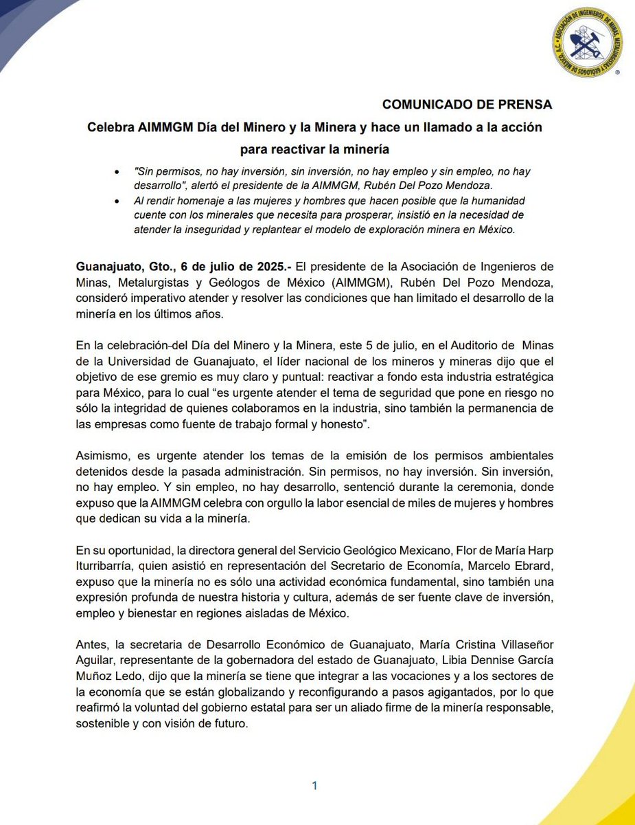 AIMMGM_Nacional's tweet photo. #COMUNICADO_AIMMGM
Celebra AIMMGM Día del Minero y la Minera y hace un llamado a la acción 
para reactivar la minería. #DíaDelMinero #OrgullosamenteMinero @AimmgmCap @AimmgmD @AIMMGMSonora @Camimex_Oficial @CanChamMx @cimmgm @Clumin_Chih @MexicoMineroOrg @Outletminero @WimMexico @SE_mx @ClusterMinOrg