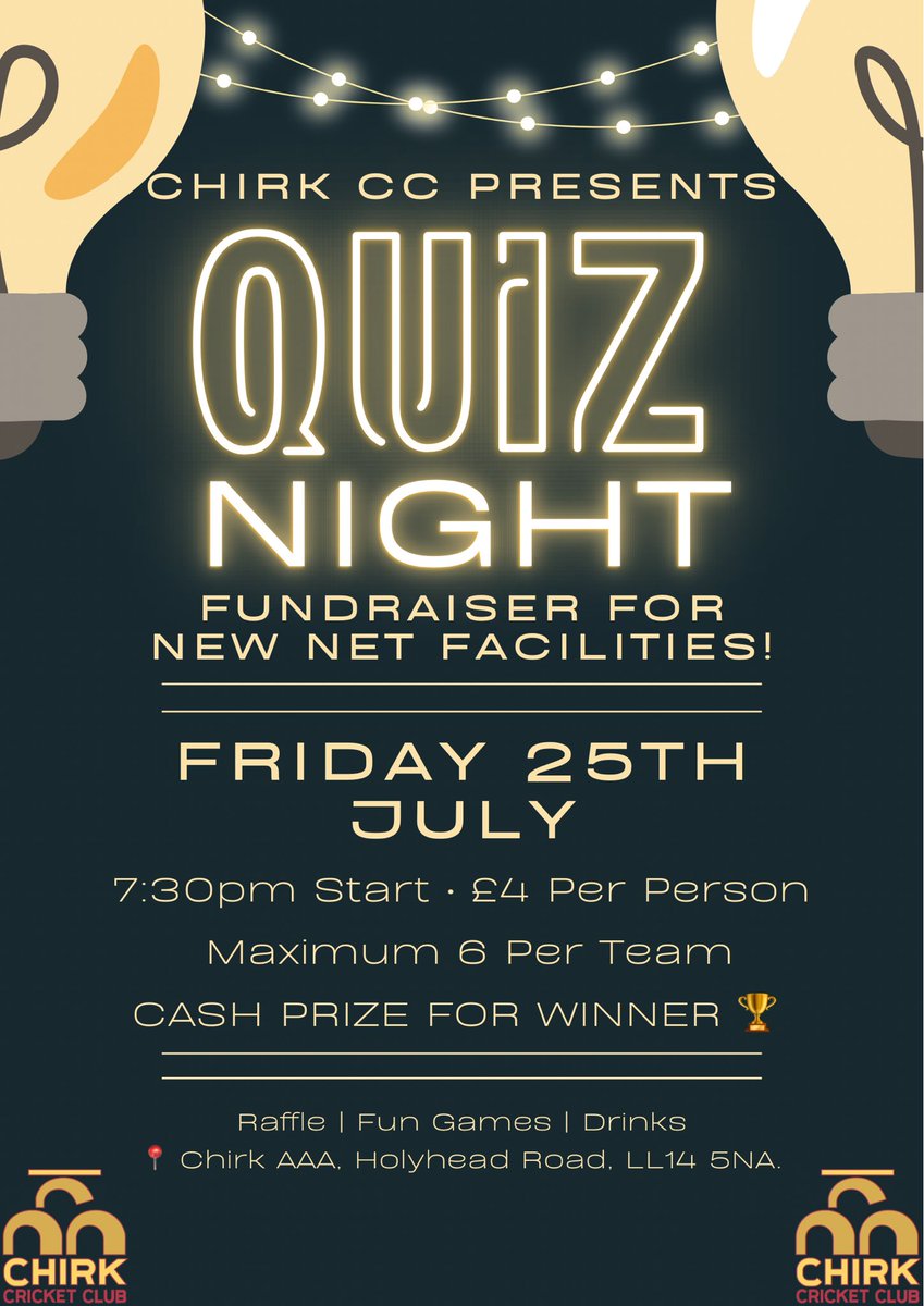 🧠✨ QUIZ NIGHT at Chirk Cricket Club! ✨🧠

Join us for a fantastic evening of trivia, laughs, and fundraising – all in support of our new net facility fund!

📅 Friday 25th July
🕢 Starts at 7:00 PM (arrive for 6:30 PM)
👥 Teams of up to 6
💷 £4 per person – cash on arrival