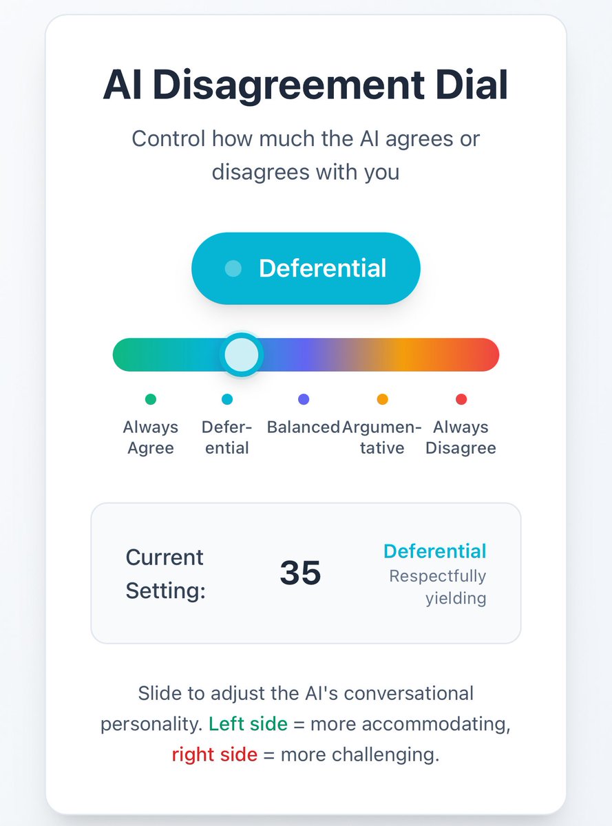 emollick's tweet image. A disagreement dial would be a really useful thing for AI models. A slider that goes from “I am always right” to “I am always wrong” with intermediate steps.