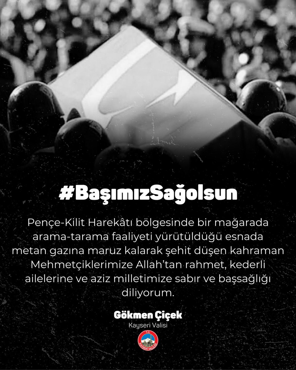 Pençe-Kilit Harekâtı bölgesinde bir mağarada arama-tarama faaliyeti yürütüldüğü esnada metan gazına maruz kalarak şehit düşen kahraman Mehmetçiklerimize Allah’tan rahmet, kederli ailelerine ve aziz milletimize sabır ve başsağlığı diliyorum.