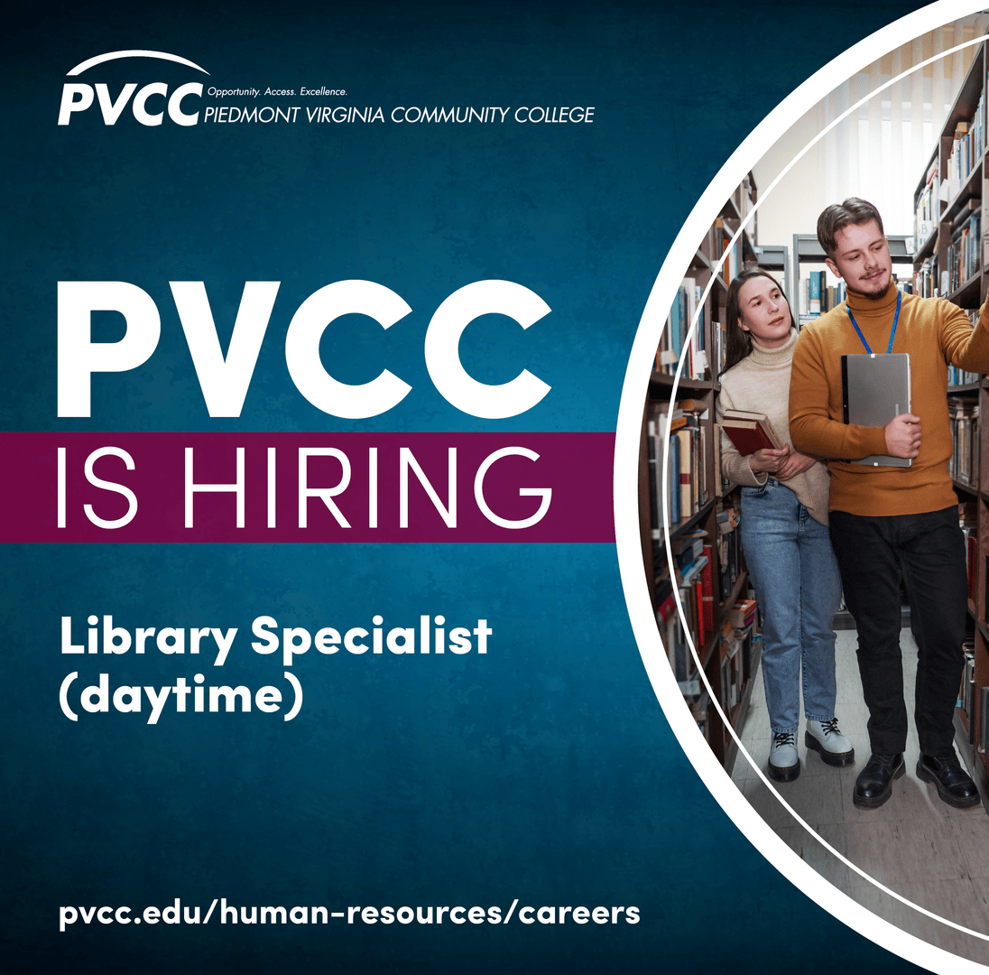 Seeking part-time employment in a quiet, educational setting? Come join PVCC as the daytime Library Specialist and be a major resource for students.  

Learn more about this part-time position and apply now jobs.vccs.edu/postings/86056.

#pvcc #cvillejobs #HigherEducation