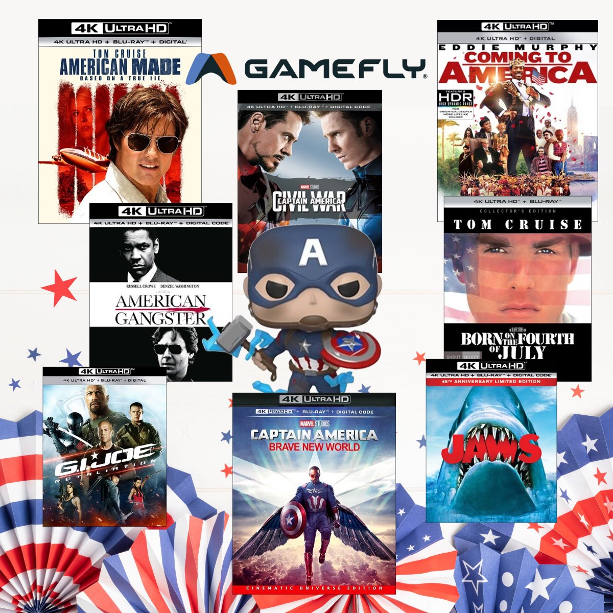 GameFly's tweet image. Celebrate Fourth of July weekend with these Red, White and Blue favorite Movies and Collectibles!

l8r.it/2sFF

Experience America in 4K UHD clarity!

#FourthofJuly #July4 #IndependenceDay #GameFly #Movies #4KUltraHD