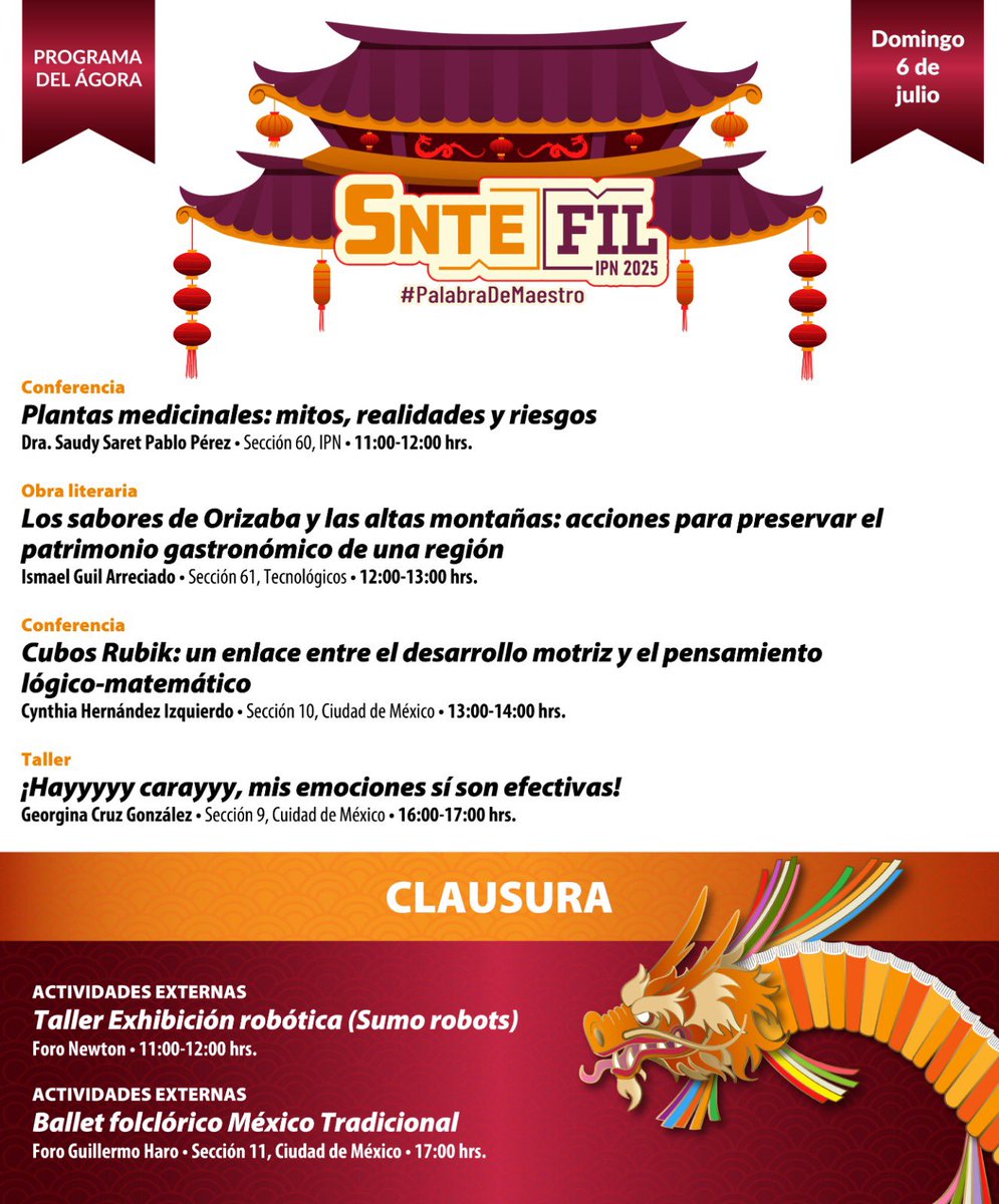 #PalabraDeMaestro ✍️

𝘼𝙜𝙚𝙣𝙙𝙖 📒| Es domingo #6deJulio el lugar ideal para visitar es el Ágora del #SNTE en la #FILIPN, donde maestras y maestros comparten sus conocimientos en temas diversos. 
Revisa el Programa. 👇🏼