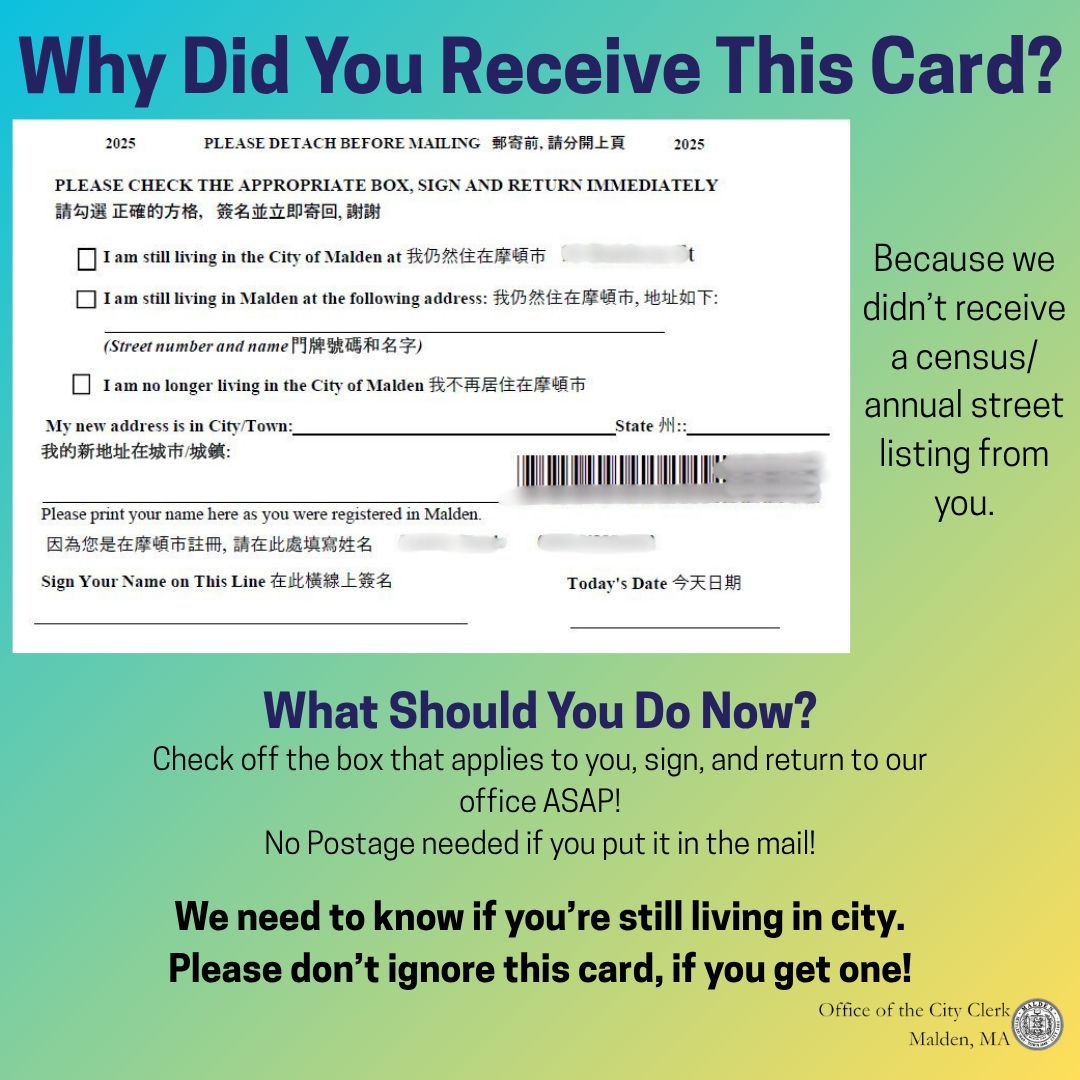 Confirmation cards were sent out to inactive voters. You may have received one if we didn't receive a census/annual street listing form from you. Please don't ignore these cards. Complete the card, sign the bottom, and return to our office! Do your part and be counted!