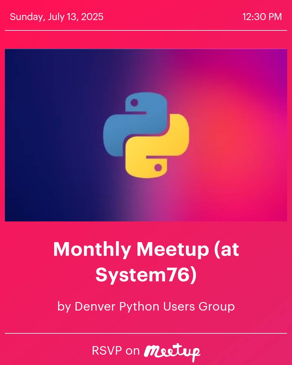 System76 (@system76) on Twitter photo Are you interested in learning #Python or want to see what local devs are using it for? Next Sunday we will be hosting the Denver Python Users Group monthly meetup, featuring 5-7 lightning talks! Join us! #Linux #FOSS #Denver #programmer Are you interested in learning #Python or want to see what local devs are using it for? Next Sunday we will be hosting the Denver Python Users Group monthly meetup, featuring 5-7 lightning talks! Join us! #Linux #FOSS #Denver #programmer