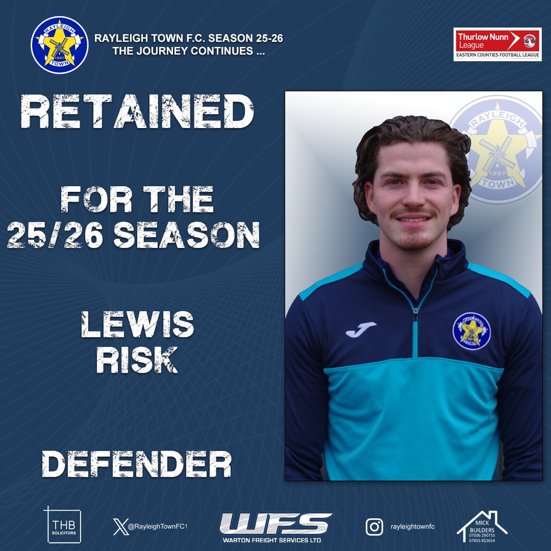 RayleighTownFC1's tweet image. 🔵 SEASON 2025/26 🔵 
We can confirm that Lewis Risk will be with us for the coming season. Lewis played most of last season at left back which makes his goal tally of 10 all the more impressive, Including our only hatrick.
*SPONSORED BY MICHELLE RISK*