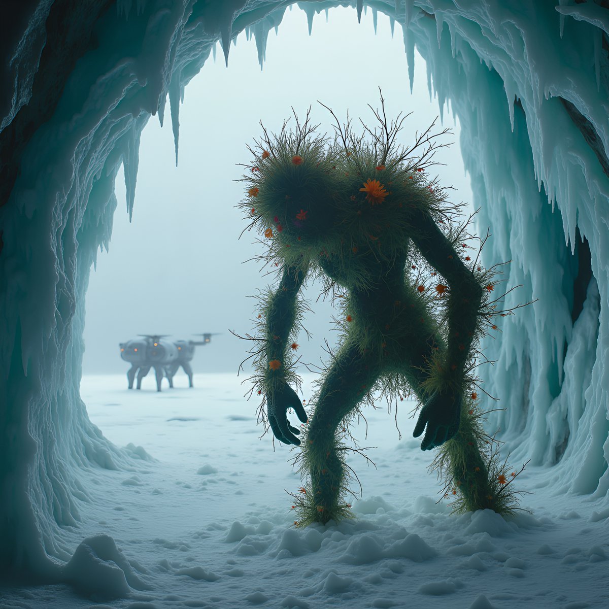 PromptSin's tweet image. A mysterious creature made of plants and branches in a snowy icy cave 🧊🌿 #WinterMystery #NatureFantasy
