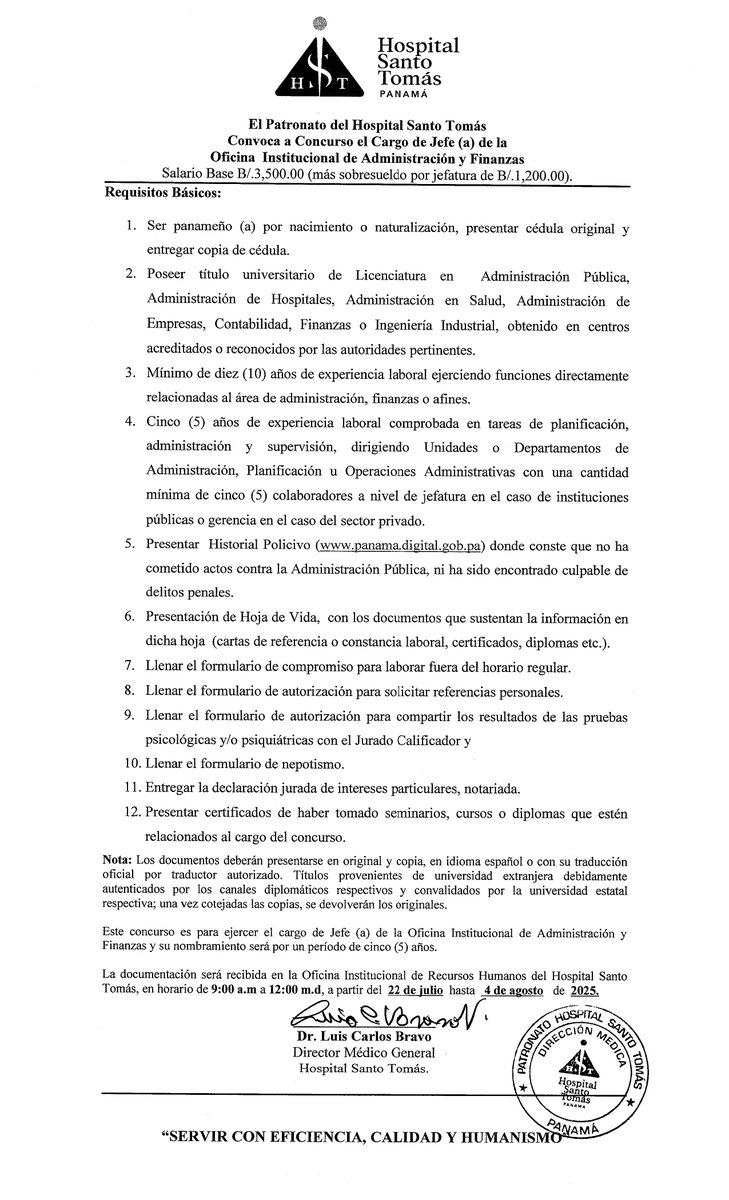 El Patronato del Hospital Santo Tomás Convoca a Concurso el cargo de jefe(a) de la Oficina Institucional de Administración y Finanzas del HST.