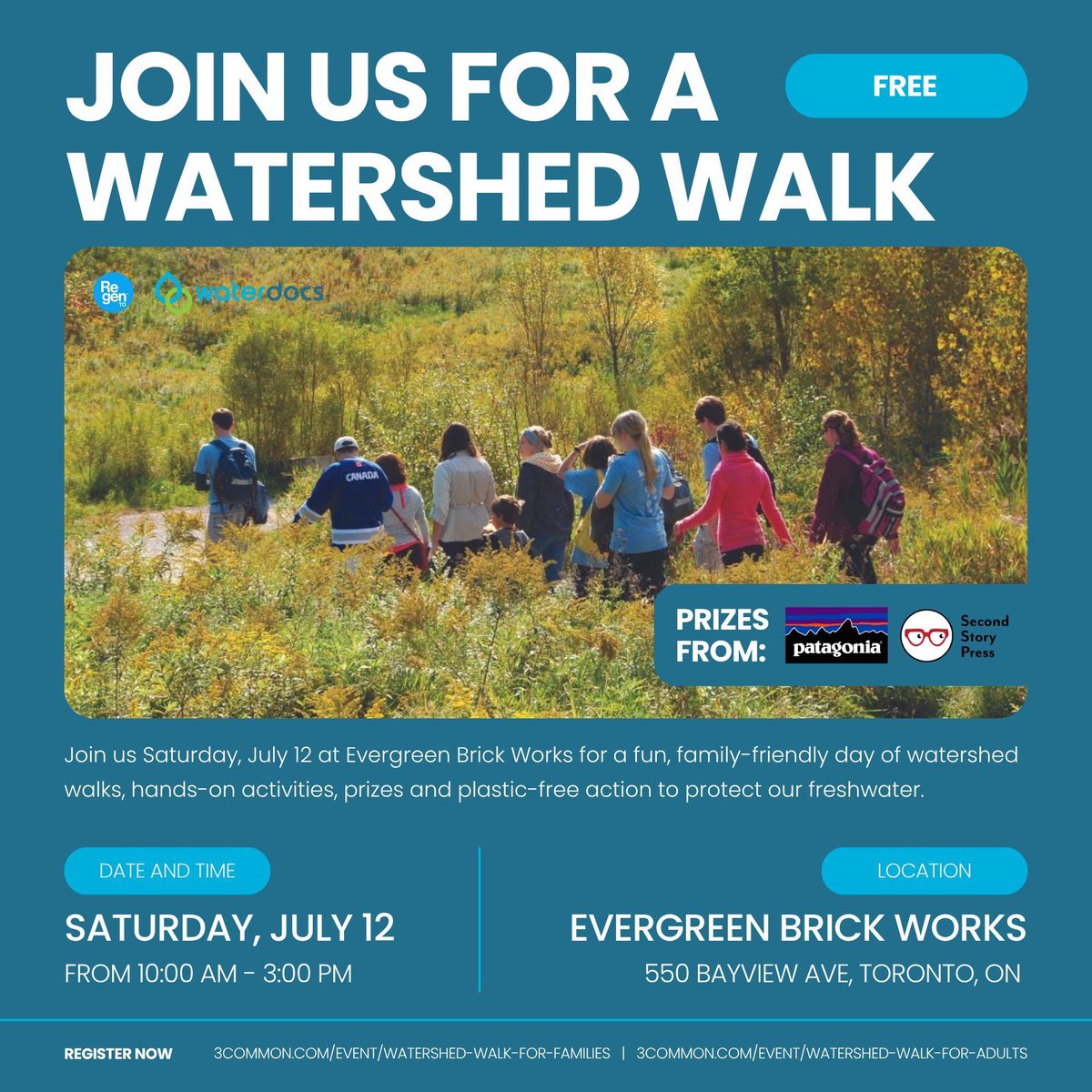 waterdocsff's tweet image. Join us and RegenTO at Evergreen Brick Works next Saturday, July 12 for guided (adult &amp;amp; family) Watershed Walks, prizes and more! It’s free, but please register in advance. 3common.com/u/WaterDocs 

Donations are welcomed. See you there! 💙 

#PlasticFreeJuly