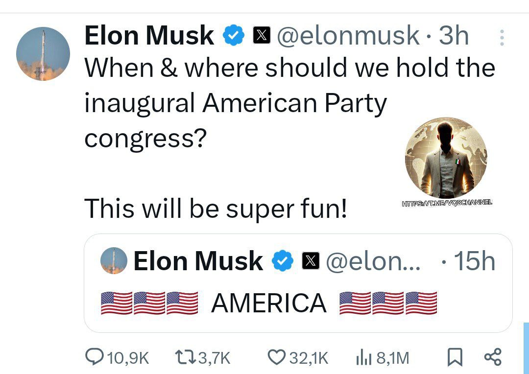 6 luglio 2025, Stati Uniti 

MUSK: SARÀ DIVERTENTISSIMO

"Dove e quando dovremmo tenere la convention fondativa del Partito Americano? Sarà divertentissimo!" ha scritto il miliardario.

#6luglio #USA 
#AmericaNews #ElonMusk 

tinyurl.com/5n8k7t62