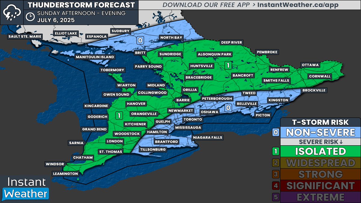 #ONStorm #ONwx ⛈️ Isolated Severe Storm Risk Today (Sunday)

DATE: Sunday, July 6, 2025

Good afternoon! Apologies for the delay in getting today’s thunderstorm forecast out. We had hoped to post it last night alongside a detailed forecast article, but the evening model data