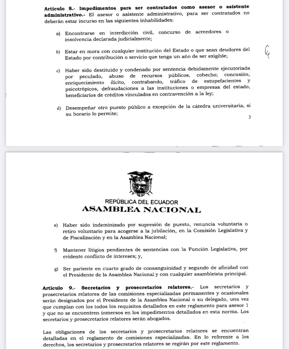 Gonzalo Muñoz (@gonzalomunozh) on Twitter photo Que preocupante lo que ha sucedido en la <a href="/AsambleaEcuador/">Asamblea Nacional</a>.
Un joven legislador tiene parientes hasta cuarto grado de consanguinidad trabajando en el Parlamento, lo cual contraviene el art. 159 de la LOFL y el art 8 literal g) del Reglamento de Contratación de Asesores.
Esto Que preocupante lo que ha sucedido en la <a href="/AsambleaEcuador/">Asamblea Nacional</a>.
Un joven legislador tiene parientes hasta cuarto grado de consanguinidad trabajando en el Parlamento, lo cual contraviene el art. 159 de la LOFL y el art 8 literal g) del Reglamento de Contratación de Asesores.
Esto