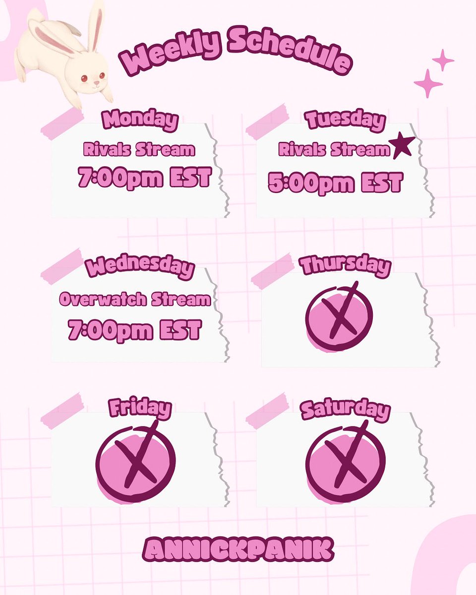 Streaming schedule for week. 
Come watch me play #MarvelRivals #Overwatch2  and more !