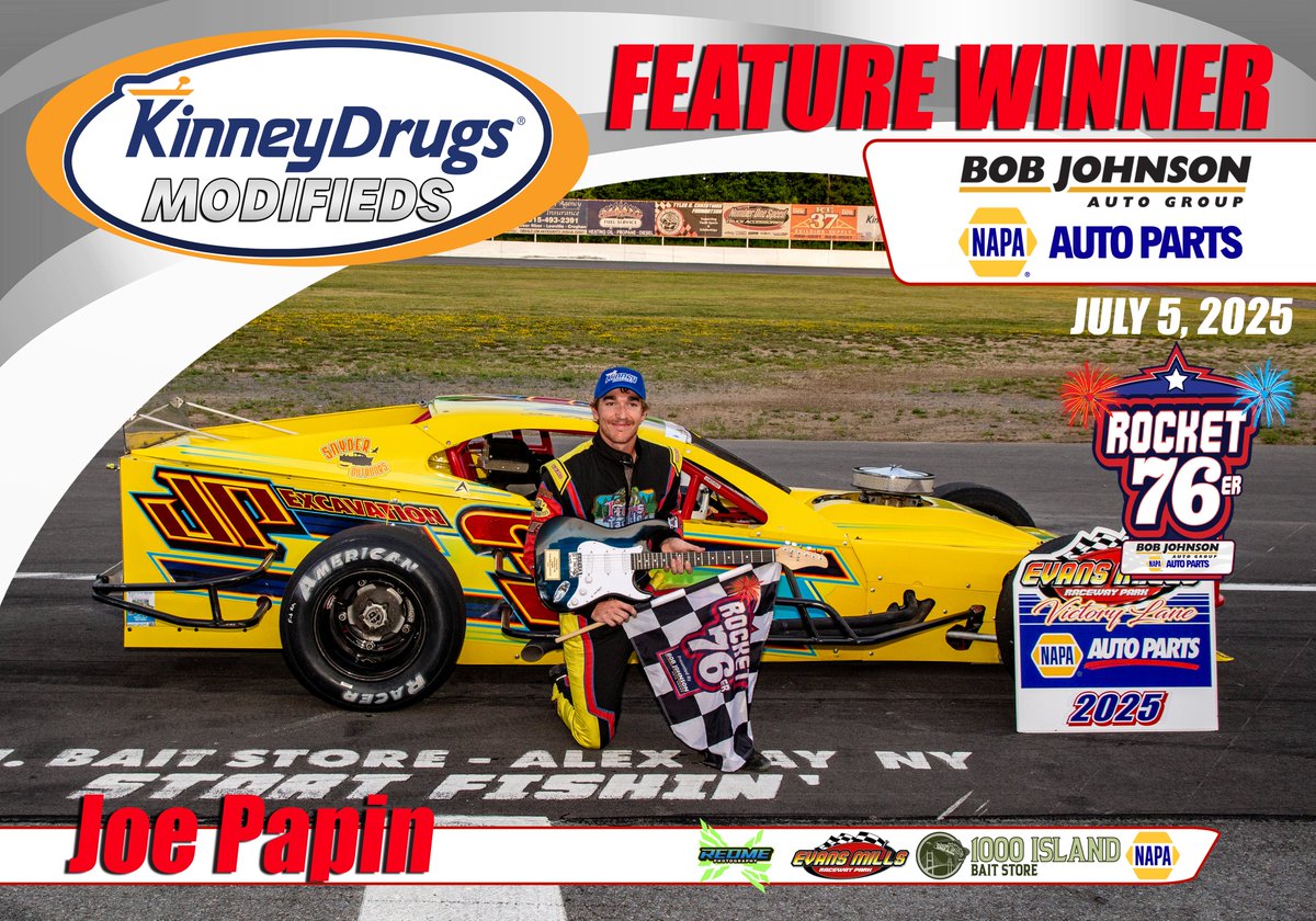 Feature results for the Kinney Drugs Modifieds on 7/5/2025 Presented by the Bob Johnson Auto Group and NAPA Auto Parts

1. Papin, Bancroft, Roggie, Rygielski, Caprara, Arthur, Clark, Bearup, Hart, Pettinelli, Brown, Lippert, Petzoldt, Barlett, Warren, Sharkey, Rogers, Pringle